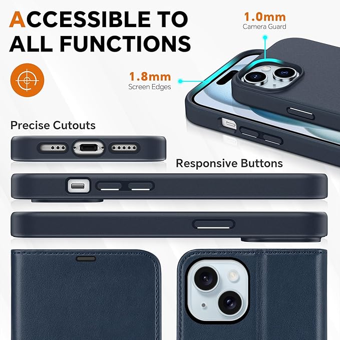 TUCCH Wallet Case for iPhone 15, [Detachable] 2-in-1 Stand RFID Blocking 4 Card Slot [Wireless Charging] Protective Case, Magnetic PU Leather Removable Folio Compatible with iPhone 15 6.1", Dark Blue