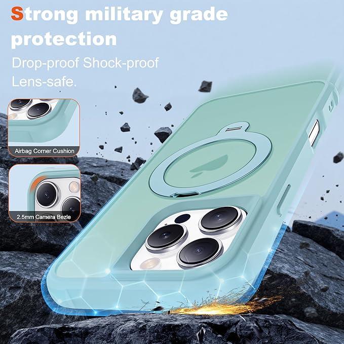 Compatible with iPhone 16 Pro Max Case with Invisible Magnetic 360°Spin Stand,Military-Grade Shockproof Protection [Compatible with Mag-Safe] Non-Slip Edge Translucent Case (6.9",Blue)