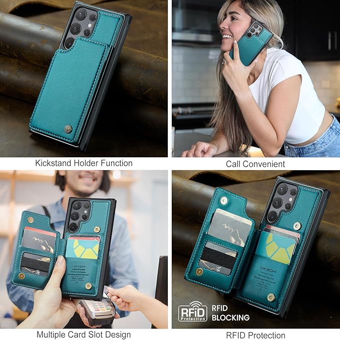 Vinich for Samsung Galaxy S24 Ultra Wallet Case with Card Holder, RFID Blocking Credit Slots Kickstand Shockproof Phone Cover for Women Men, Bluish Green