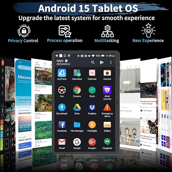 Android 15 Tablet, 26GB + 256GB (2TB Expandable), 10.1-inch Tablet with Keyboard, 8000 mAh Battery, BT 5.0, 5G WiFi, Widevine L1, 2-in-1 Tab with Mouse, Protective Case，Stylus (Black Case)