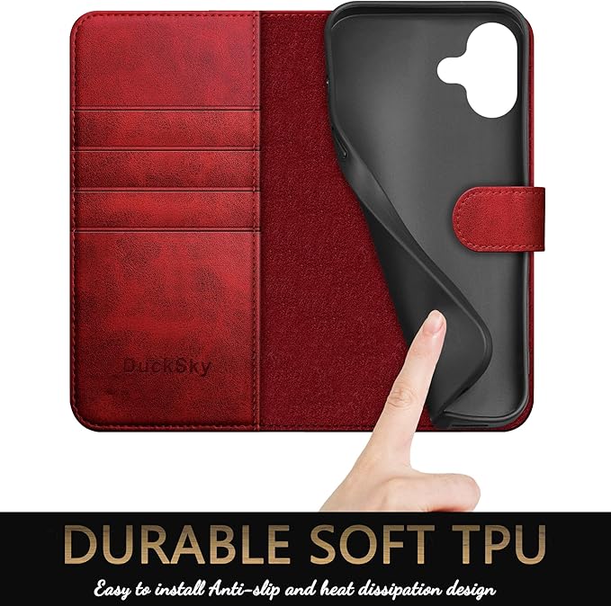 Compatible with iPhone 17 6.3" Genuine Leather Wallet case【RFID Blocking】【4 Credit Card Holder】【Real Leather】 Flip Phone case Cover Women Men for Apple 17 case Red