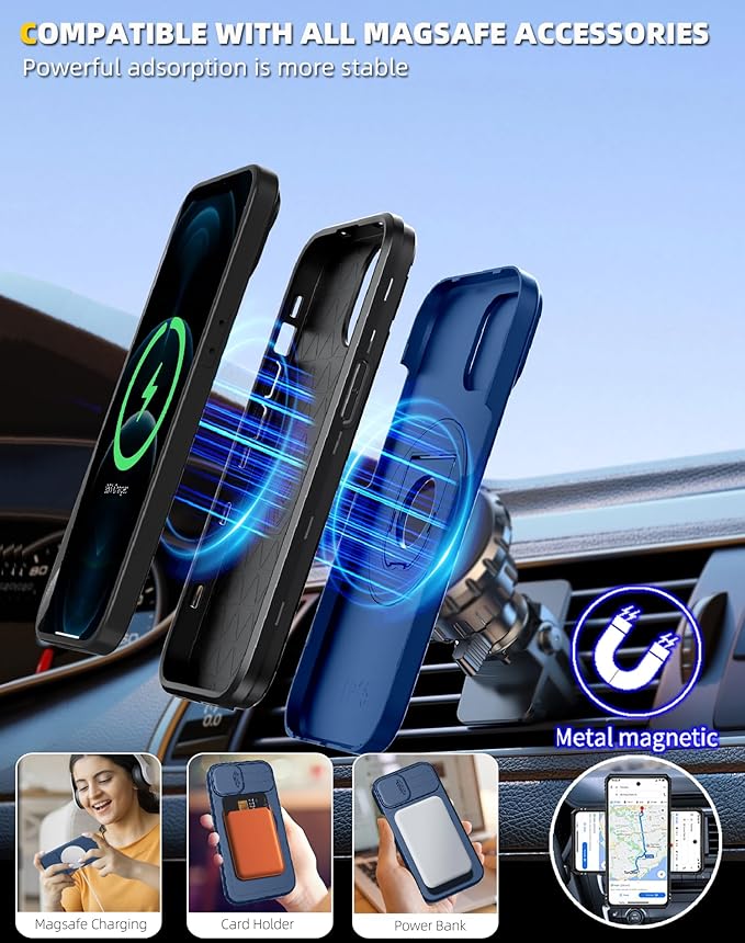 TRRYH for iPhone 12 Case & for iPhone 12Pro Case Magnetic Compatible with MagSafe Wireless Charging with 2 Screen Protectors,with Kickstand & Camera Cover,Military Grade Heavy Duty Protection Blue