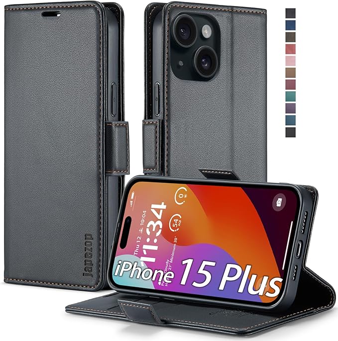 japezop iPhone 15 Plus 5G Wallet Case with [RFID Blocking],Card Holder Kickstand Magnetic,Leather Flip Case Wallet for iPhone 15 Plus 5G 6.7 Inch (Fashion Black)