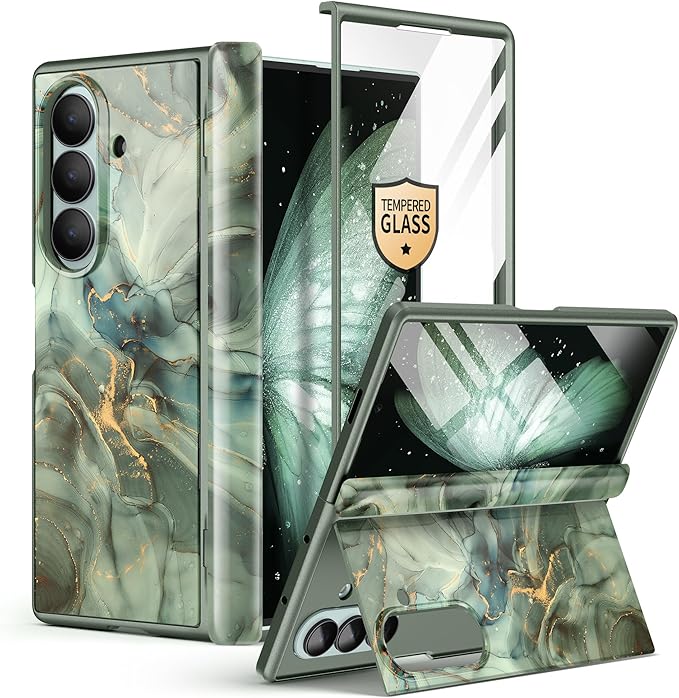 GVIEWIN for Samsung Galaxy Z Fold 7 Case Built-in HD Screen Protector [Compatible with Magsafe][Hidden Kickstand] Magnetic Full-Body Hinge Protection Slim Phone Case for Z Fold 7, Desert Dream/Green