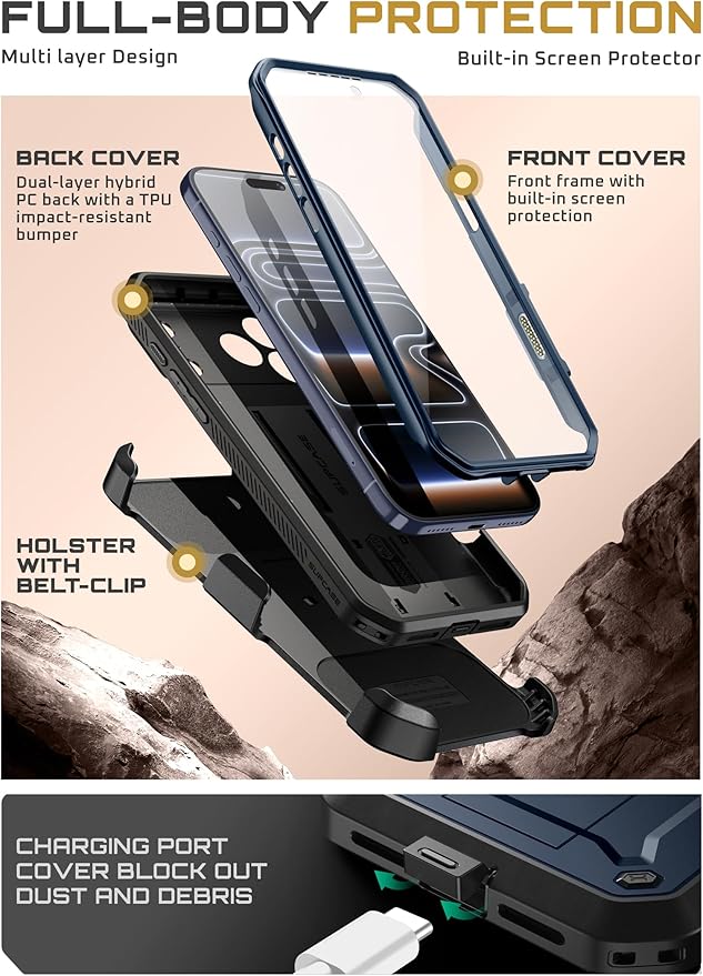 SUPCASE for iPhone 17 Pro Max Case with Camera Control Button (Unicorn Beetle Pro), [Built-in Kickstand & Screen Protector] [Military-Grade Protection] Full Body Heavy Duty Phone Case, Azure