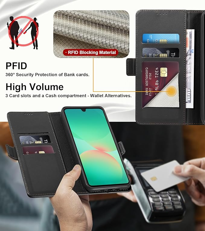 Wallet Flip Case for Samsung Galaxy A26 5G - [RFID Blocking] Luxury PU Leather Card Holder Magnetic Phone Cover with Kickstand,Shockproof Protective Case,Black