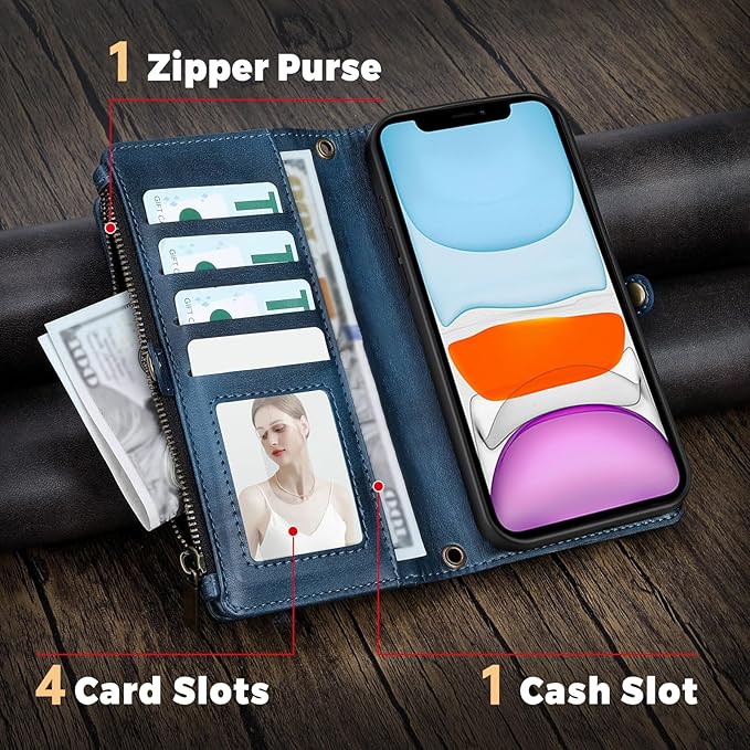 for iPhone 11 Wallet Phone Case with 7 Card Holder,RFID Blocking | PU Leather | Kickstand | Flip | Wrist Strap&Shoulder Strap | Shockproof | Zipper Wallet | Women Men | 6.1" | Blue