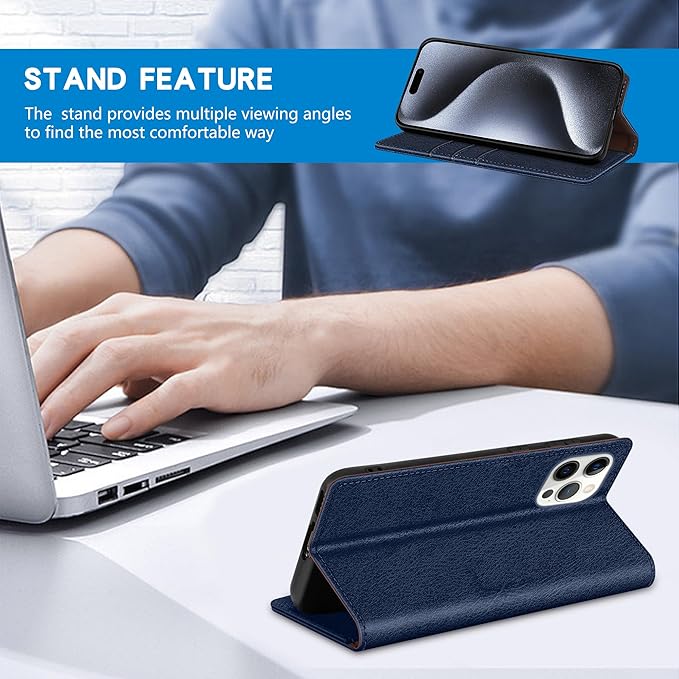 ZZXX for iPhone 15 Pro Wallet Case with [RFID Blocking] Card Slot Stand Strong Magnetic Leather Flip Fold Protective Phone Case for iPhone 15 Pro Case Wallet(Blue-6.1 inch)