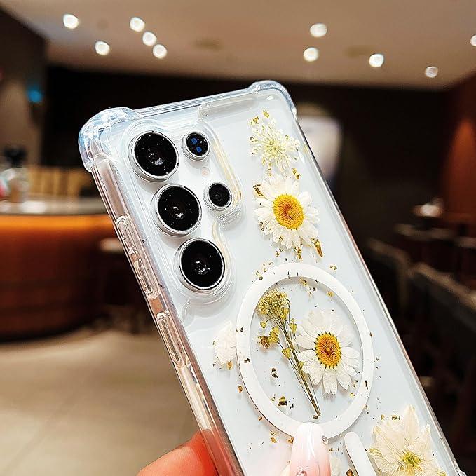 Compatible with Samsung Galaxy S23 Ultra Case,Compatible with MagSafe,Cute Pressed Dried Flowers Design Women Girly Shockproof Floral Clear Magnetic Case for Galaxy S23 Ultra (White)