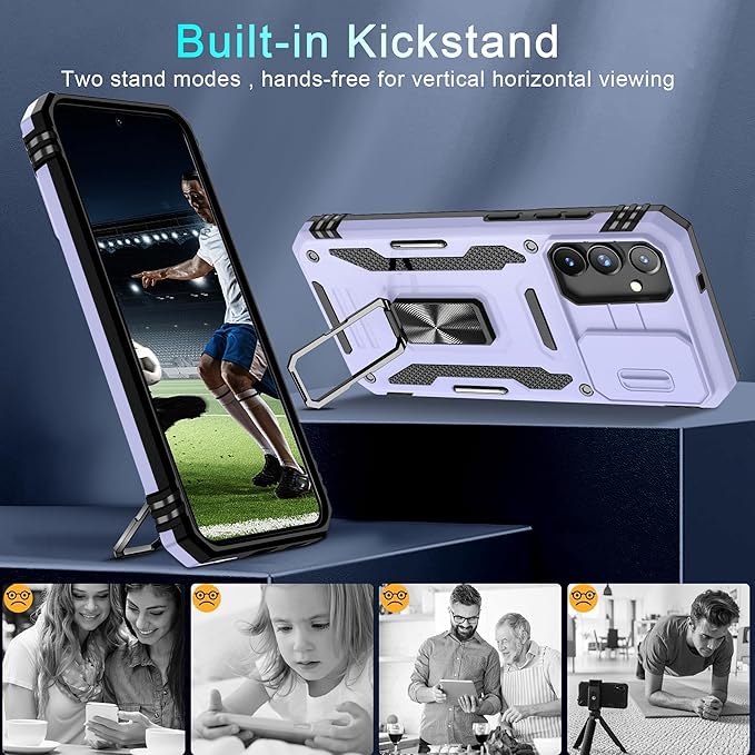 DEERLAMN Case for Samsung Galaxy S24+ Plus with Slide Camera Cover+Screen Protector (1 Pack), Rotated Ring Kickstand Military Grade Shockproof Protective Cover-Light Purple
