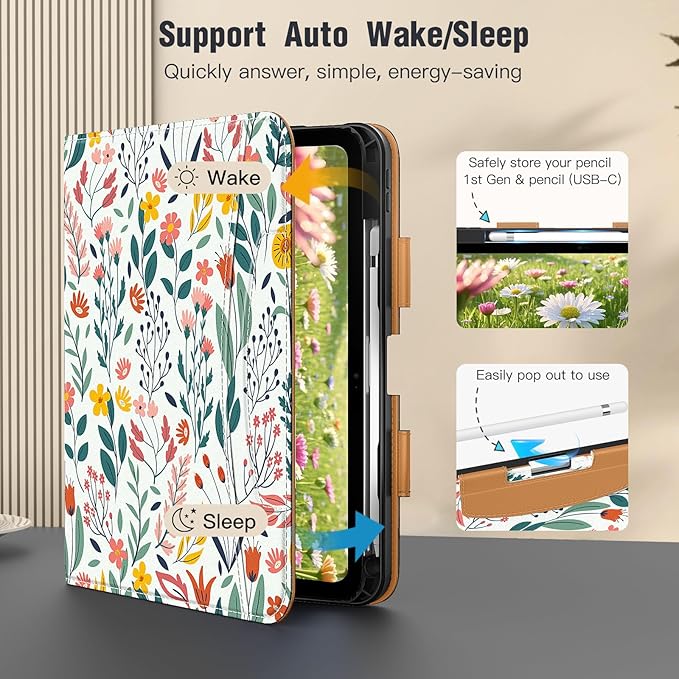 MoKo for iPad (A16) 11th Generation Case 11 inch 2025, iPad 10th Generation Case 10.9" 2022 with Pencil Holder & Pocket, Premium Leather Folio Stand Cover, Multiple Viewing Angles, Flowers