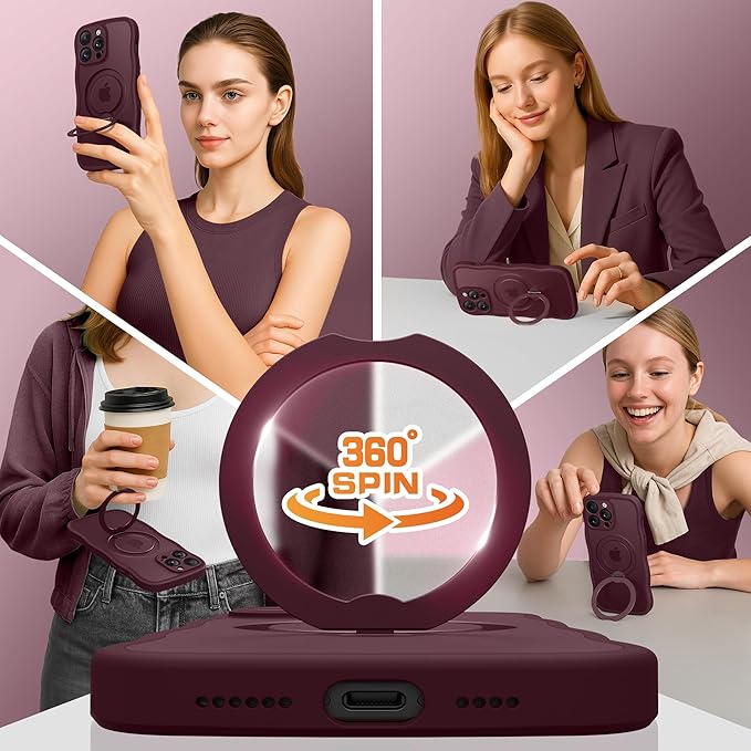 for iPhone 14 Pro Max Case for Women,[Compatible with Magsafe][360° Spin Magnetic Stand][Cute Wave Edge][Military-Grade Protection]Translucent Matte Phone Case for iPhone 14 ProMax, Wine Red