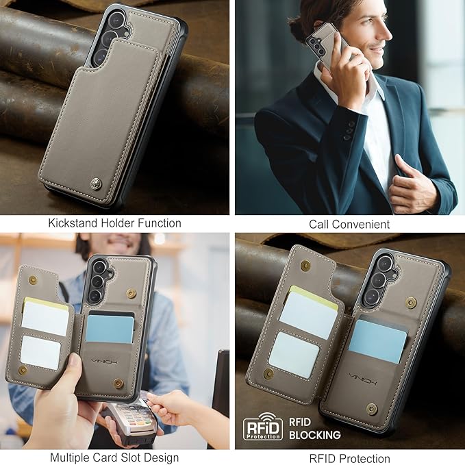 Vinich for Samsung Galaxy S25 Wallet Case with Card Holder, RFID Blocking Credit Slots Kickstand Shockproof Phone Cover for Women Men, Gray