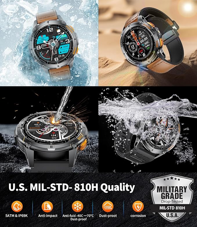 GPS Smart Watch for Men with LED Flashlight, 530mAh Extra Large Battery, 1.43'' AMOLED Military Smartwatch Answer/Make Call with Heart Rate SpO2 Sleep Monitor for Android iOS Brown