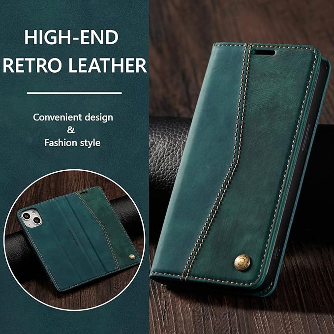QLTYPRI Case for iPhone 14, Vintage PU Leather Wallet Case Card Slot Kickstand Magnetic Closure Shockproof Flip Folio Book Case Cover for iPhone 14(6.1 inch) - Retro Dark Green