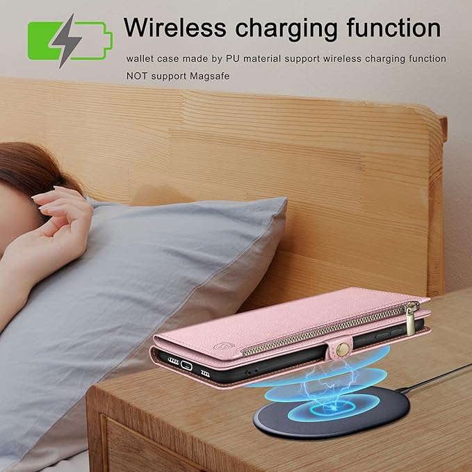 XcaseBar Compatible with iPhone 17 6.3" Wallet case with Zipper Credit Card Holder【RFID Blocking】,Flip Folio Book PU Leather Phone case Shockproof Cover Women Men for Apple 17 case Rose Gold