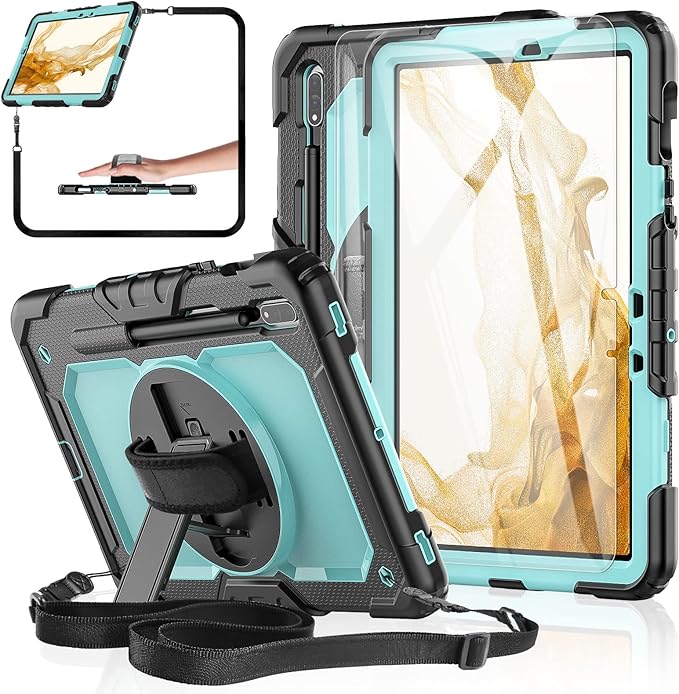 Tablet Case for Samsung Galaxy Tab S8/S7 11-inch 5G 2022/2020 [with Tempered Glass Screen Protector], Rotating Kickstand/Hand & Shoulder Strap/S Pen Holder (SkyBlue)