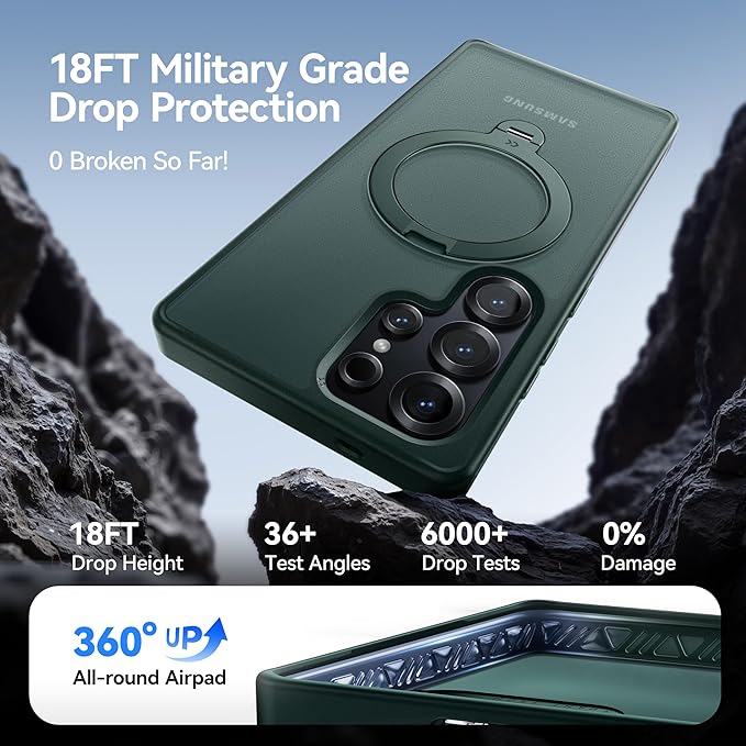 CASEKOO Patented 360° Spin Magnetic Stand for Samsung Galaxy S25 Ultra Case [18FT Military Drop Protection] [Compatible with MagSafe] Matte Translucent Slim S25 Ultra Case 6.9'' 2025, Green