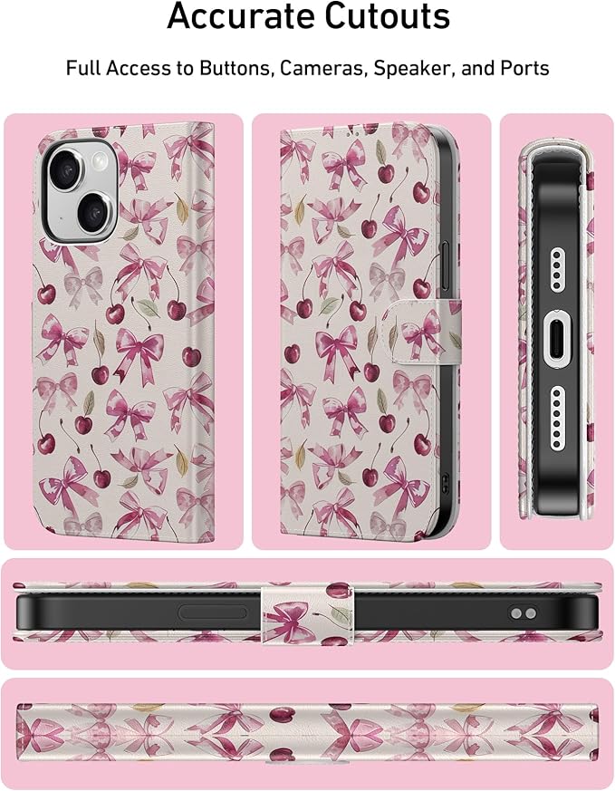 DEENAKIN for iPhone 15 Plus Wallet Case with Card Holder + Cash Clip, RFID-Blocking, Military-Grade Drop Protection, Magnetic Closure with Leather Kickstand - Cherry & Bowknot