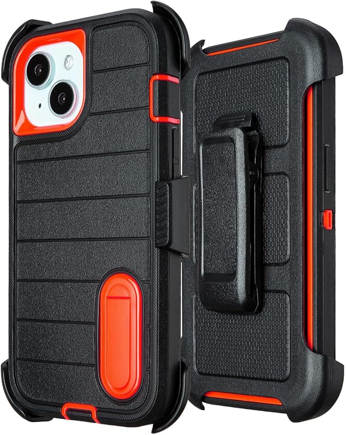 for Heavy Duty iPhone 15 Case with Belt Clip & Holster, Rugged Military Grade Shockproof Protective Cover for iPhone 15 Case with Stand 6.1 Inch (Black+Orange)