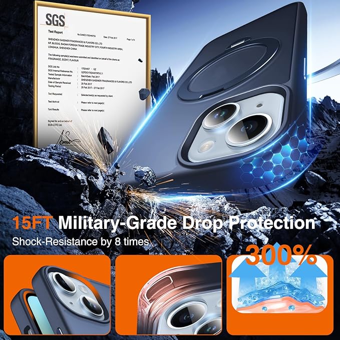 360° O-Ring MagStander for iPhone 13 Case, iPhone 14 Case with Magnetic Stand Ring Holder [Compatible with MagSafe][15FT Military Shockproof] Kickstand iPhone 13/14 Phone Cover Matte Blue