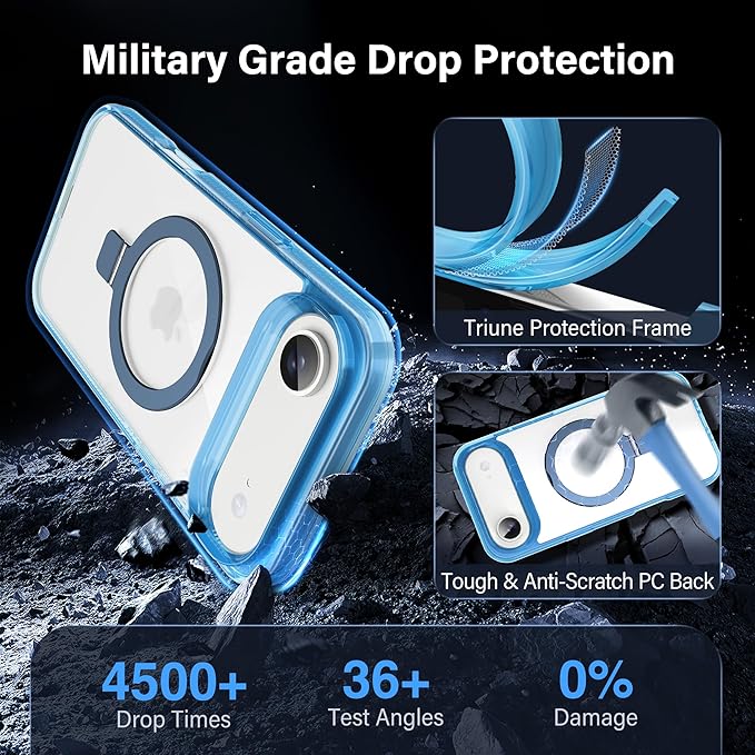Magnetic Case for iPhone Air - [Built-in Invisible Stand] [Compatible with MagSafe] [Military Grade Drop Protection] Anti-Yellowing Hard Back Silicone Edge Cover, 6.5", Clear Blue