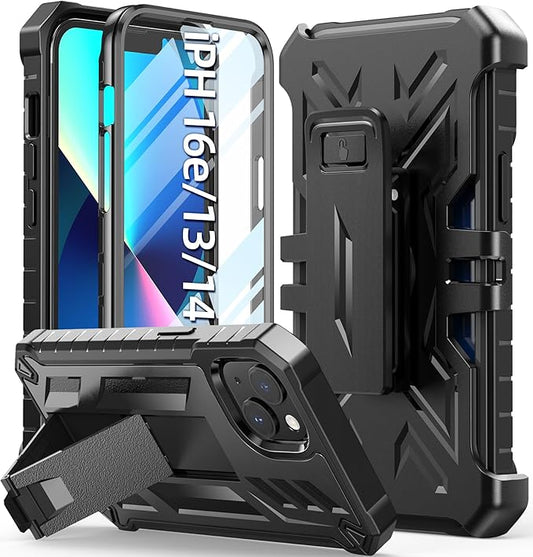 for iPhone 13/14 Protective Case: for iPhone 16e Cover with Belt Clip Holster | Durable Dual-Layer Design with Built-in Kickstand | Heavy Duty Military Grade Hard Protection Shock Proof Black