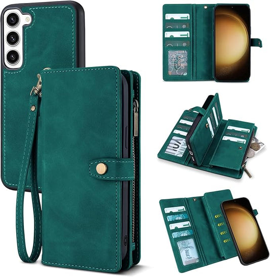 TwoHead for Samsung Galaxy S23 Plus Wallet Case with Card Holder,Detachable Magnetic Phone Case for Galaxy S23 Plus,PU Leather All-Round Protective Phone Cover Wallet with Strap(6.6 in,Green)
