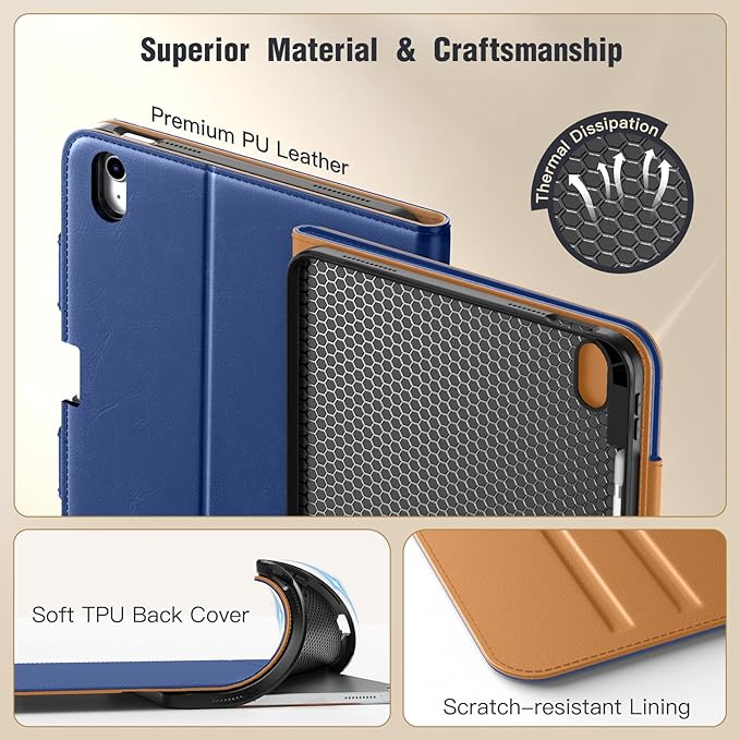 MoKo for iPad (A16) 11th Generation Case 11 inch 2025, iPad 10th Generation Case 10.9" 2022 with Pencil Holder & Pocket, Premium Leather Folio Stand Cover, Multiple Viewing Angles, Navy Blue