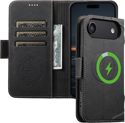 Wallet Case for iPhone 17 Air Compatible With MagSafe & Wireless Charging, Leather,3 Card Slots & ID Holder, Kickstand, Magnetic 360° Military Shockproof Protection for iphone air Premium Black