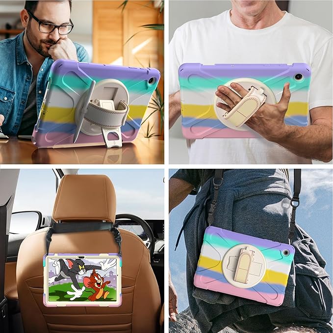 Gerutek Case for Samsung Galaxy Tab A9+/ A9 Plus Case 11" 2023, Full-Body Drop Protection Shockproof Cover with Screen Protector, 360° Rotating Stand, Hand/Shoulder Strap, Pencil Holder, Dazzling Pink