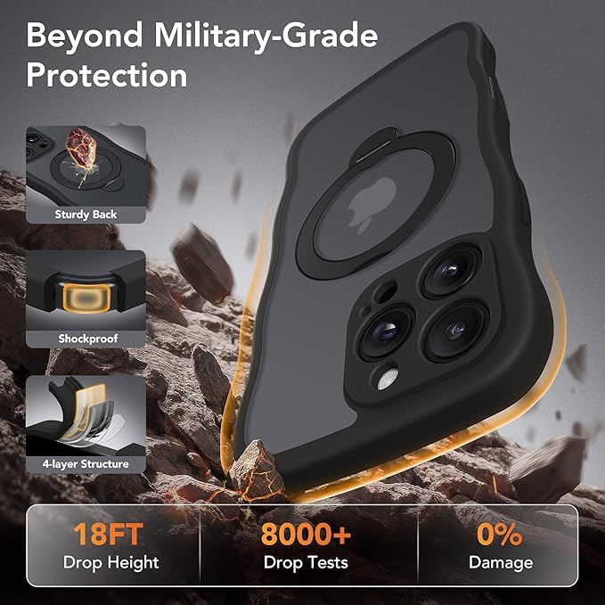 GolbinBox for iPhone 16 Pro Case for Women,[Compatible with Magsafe][360° Spin Magnetic Stand][Cute Wave Edge][Military-Grade Protection] Translucent Matte Phone Case for iPhone 16 Pro, Black