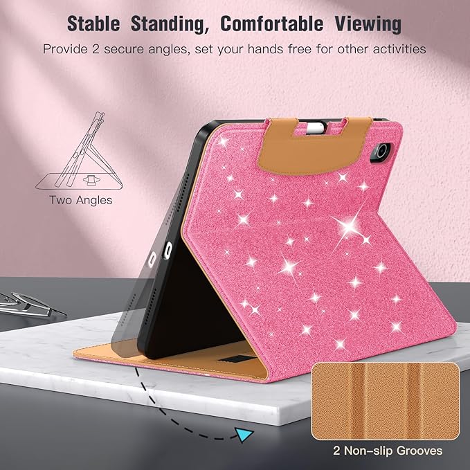 MoKo for iPad (A16) 11th Generation Case 11 inch 2025, iPad 10th Generation Case 10.9" 2022 with Pencil Holder & Pocket, Premium Leather Folio Stand Cover, Multiple Viewing Angles, Shiny Pink