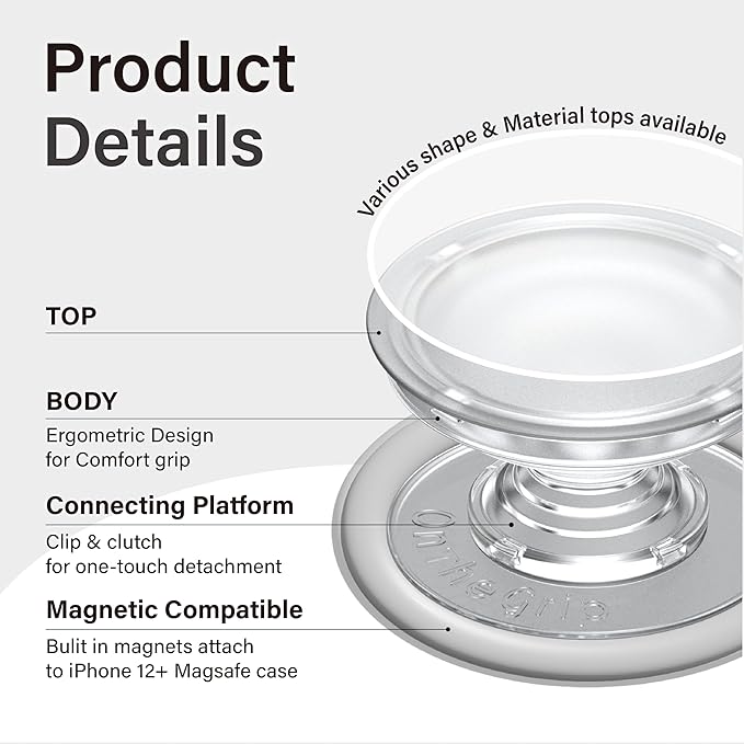 Oval Magnetic Phone Grip – MagSafe Compatible, Translucent Design, Slim and Lightweight, Grip and Stand for iPhone (Black)