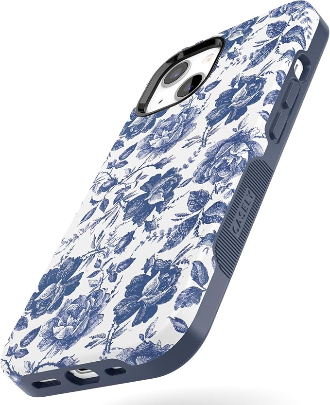 Casely iPhone 14 Case | Rose to Fame | Blue & White Rose Floral | Compatible with MagSafe | Bold Protective Design