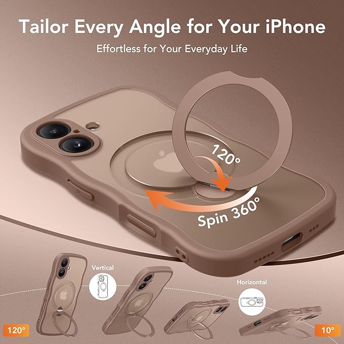 GolbinBox for iPhone 16 Case, [Compatible with Magsafe][360° Spin Magnetic Stand][Military-Grade Protection][Camera Control][Cute Wave Edge] Translucent Matte Women Phone Cover for iPhone 16, Brown