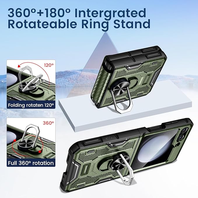 VEGO for Z Flip 5 Case with Hinge Protection, 360°Ring Magnetic Kickstand & Camera Screen Protector & Belt Clip Holster, Military Grade Shockproof Cover - Green