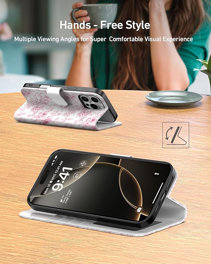 DEENAKIN for iPhone 16 Pro Wallet Case with Card Holder + Cash Clip, RFID-Blocking, Military-Grade Drop Protection, Magnetic Closure with Leather Kickstand - Blooming Pink Roses