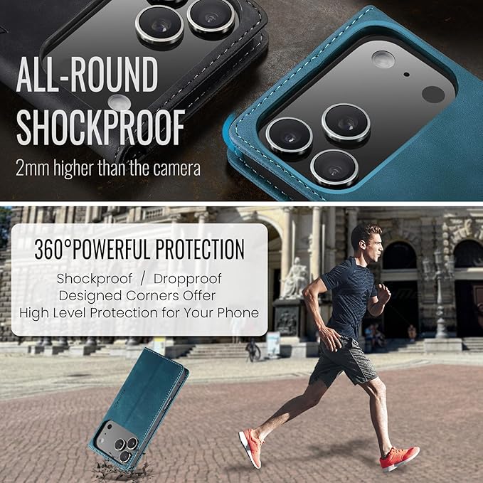 for iPhone 17 Pro Max Case, Flip Wallet Leather Case with Card Holder Magnetic Closure Shockproof Kickstand Protective Phone Cases Cover for iPhone 17 Pro Max, Blue-Green