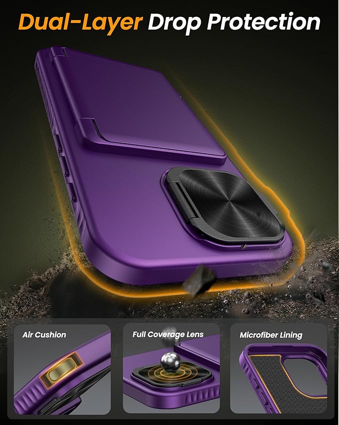 for iPhone 17 Case, Built-in Card Holder & Stand & Lens Cover, Military Grade Drop Tested Soft Silicone Edge Rugged Kickstand Protective Wallet Phone Case for iPhone 17 2025, Purple