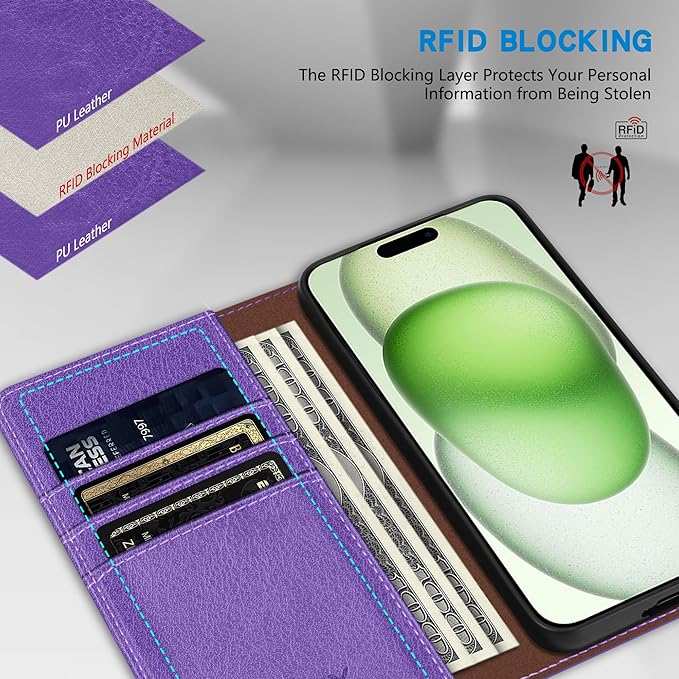 ZZXX for iPhone 15 Plus Wallet Case with [RFID Blocking] Card Slot Stand Strong Magnetic Leather Flip Fold Protective Phone Case for iPhone 15 Plus Case Wallet(Purple-6.7 inch)