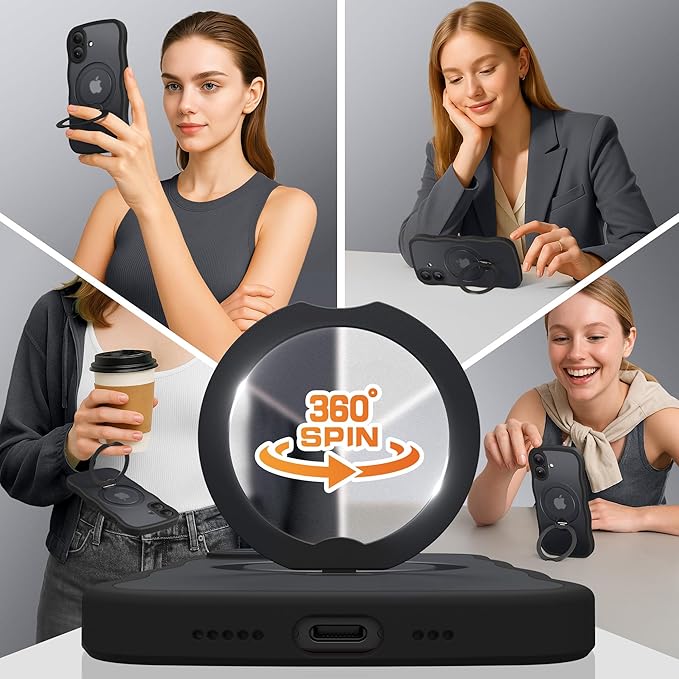 GolbinBox for iPhone 16 Plus Case,[Compatible with Magsafe][360° Spin Magnetic Stand][Military-Grade Protection][Camera Control][Cute Wave Edge] Translucent Matte Women Phone Cover for 16 Plus, Black