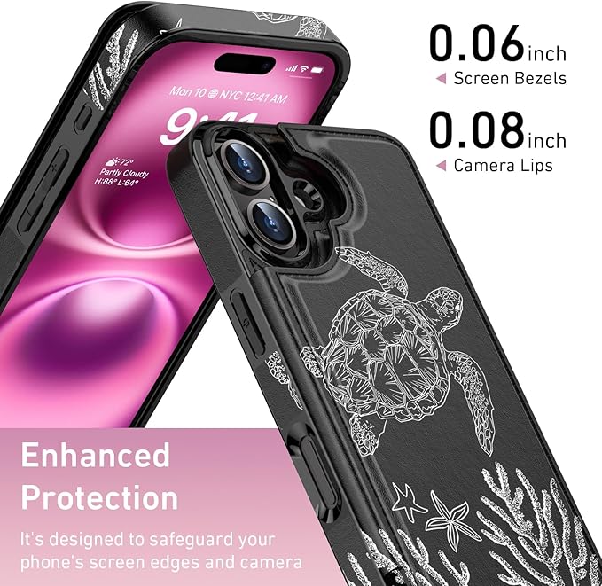 FUNMIKO for iPhone 16 Plus Wallet Case with Card Holder, RFID-Blocking, Military-Grade Protection & UV-Printed Artwork, Magnetic Closure with Leather Kickstand - Swimming Sea Turtle
