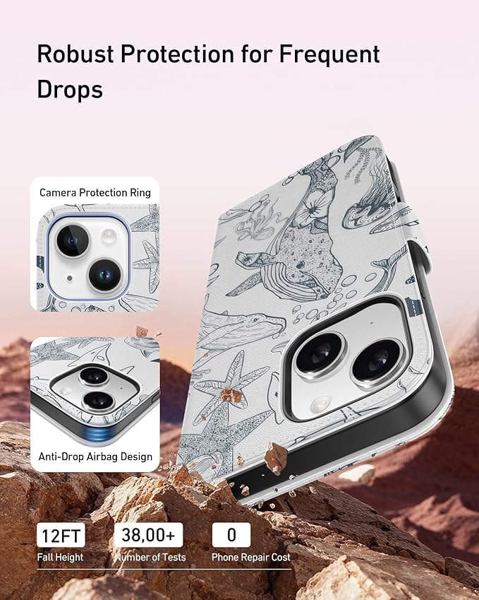 DEENAKIN for iPhone 15 Plus Wallet Case with Card Holder + Cash Clip, RFID-Blocking, Military-Grade Drop Protection, Magnetic Closure with Leather Kickstand - Dynamic Marine Life