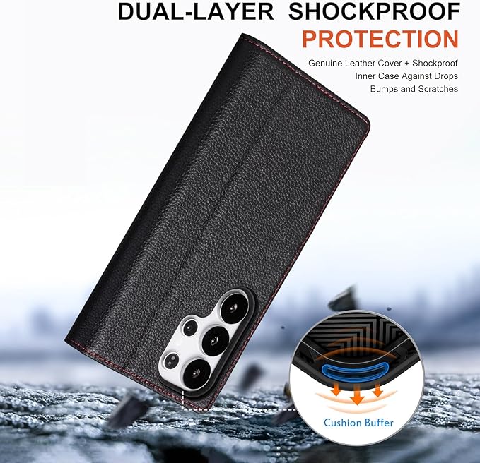 Case for Galaxy S25 Ultra 6.9"-Genuine Leather Folio Wallet Case with Kickstand RFID Blocking Card Holder Magnetic Protective Phone Cover Compatible with Galaxy S25 Ultra 2025 (Black)