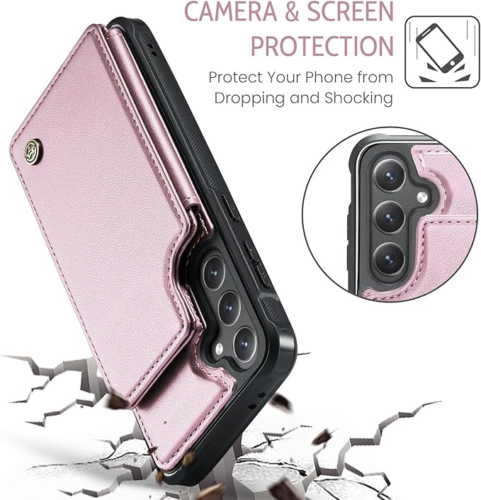 Vinich for Samsung Galaxy S24 FE Wallet Case with Card Holder, RFID Blocking Credit Slots Kickstand Shockproof Phone Cover for Women Men, Pink
