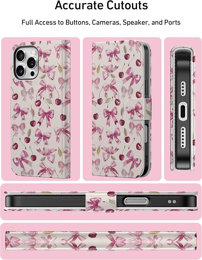 DEENAKIN for iPhone 16 Pro Wallet Case with Card Holder + Cash Clip, RFID-Blocking, Military-Grade Drop Protection, Magnetic Closure with Leather Kickstand - Cherry & Bowknot