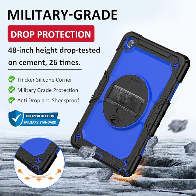 Ambison Case for Samsung Galaxy Tab A9+ Plus 11'' 2023, [Kids Proof] Full Body Protective Case with 9H Tempered Glass Screen Protector, 360° Rotatable Kickstand & Hand Strap (Blue)