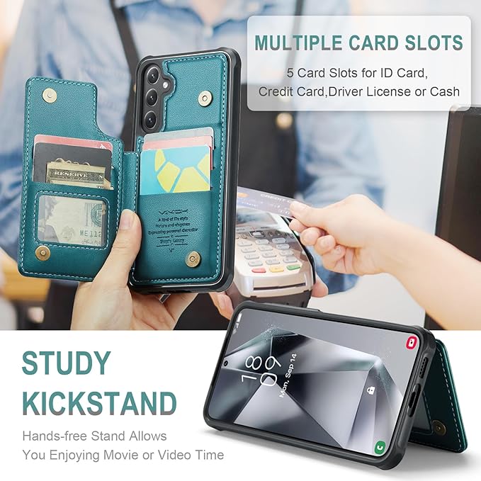 Vinich for Samsung Galaxy S25 Plus Wallet Case with Card Holder, RFID Blocking Credit Slots Kickstand Shockproof Phone Cover for Women Men, Bluish Green