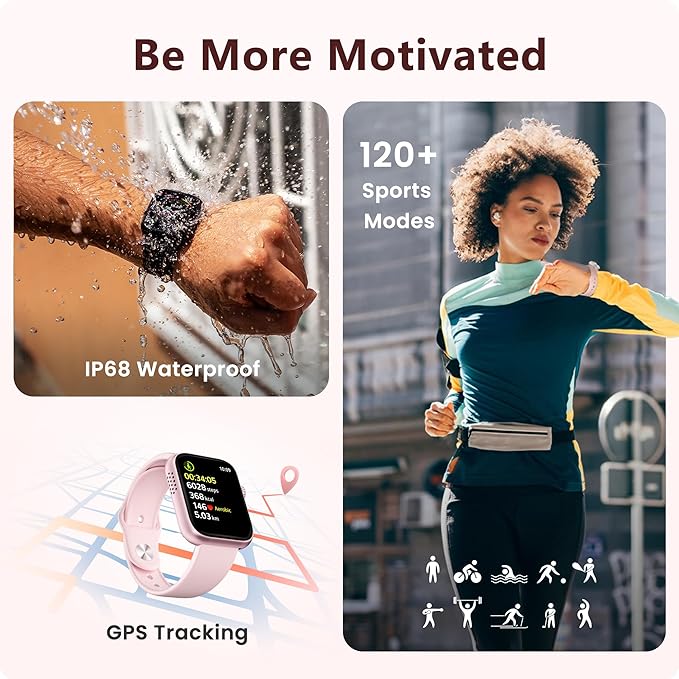 Smart Watch for Men Women, Bluetooth Call, 120+ Sports Modes, Sleep Tracking, Step & Calorie Counter, Water Resistant Smartwatch for Android iPhone (Pink)